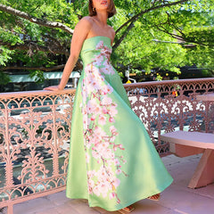 LIZAKOSHT - Luxury Tube Tops Sleeveless Evening Dress Female High Waist A-line Dress Elegant Silk Satin Bridesmaid Floral Print Dress Women