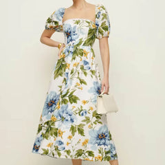 LIZAKOSHT - Europe and America 2024 Summer New French Retro Floral Lace Tie Bow Short Sleeve Dress