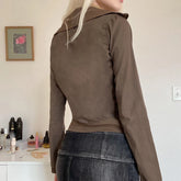 LIZAKOSHT  -  Streetwear Zipper Turn Down Collar Cargo Jackets For Women Multi Pockets Autumn Winter Outwear Y2K Coat Brown Vintage