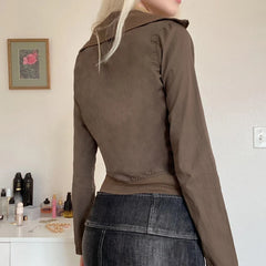 LIZAKOSHT  -  Streetwear Zipper Turn Down Collar Cargo Jackets For Women Multi Pockets Autumn Winter Outwear Y2K Coat Brown Vintage