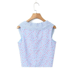 LIZAKOSHT - Sexy Women Lace Trim Square Neck Floral Print Tank Top Sleeveless Ladies Summer Chic Crop Top