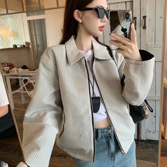 LIZAKOSHT  -  Reversible Jacket Women Spring Fall Simple Vintage Striped Baseball Zipper Chic Golf Outwear Harajuku Classic Commute Tops