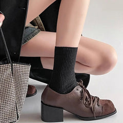 LIZAKOSHT - Vintage Brown maillard Style Casual Pumps Square Toe Patchwork Block Heels Lace-up Shoes Women