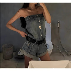 LIZAKOSHT  -  Sexy Spicy Girl Versatile Edge Slimming Shorts Summer Sleeveless Single Breasted Street Fashion Y2k Temperament Jeans Jumpsuit