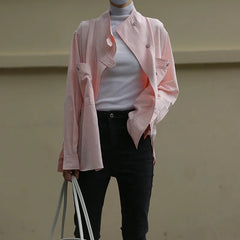 LIZAKOSHT - Autumn New Solid Pink Fashion Women Blouse Office Lady Slit Stand Collar Shirts Loose Casual Simple Female Coat Jacket