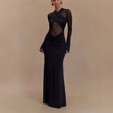 LIZAKOSHT - New Women Long Sleeve See Through Sexy Solid Color Elegant Pleated Dress