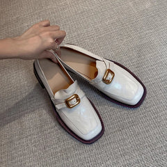 LIZAKOSHT - Women's Leather Shoes New Retro White Chunky Heel Loafers Women's British Style High Heels Metal Buckle Thick Heel Single Shoes