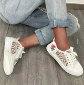 LIZAKOSHT - NEW Summer Casual White Shoes Cutouts Lace Canvas Hollow Breathable Platform Flat Shoes Woman Sneakers Women Shoes