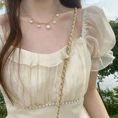 LIZAKOSHT  -  Summer Chiffon Fairy Dress Women Short Sleeve Vintage Midi Long Elegant Korean Fashion Clothing Beige Pink Tierred Dresses Party