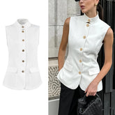 LIZAKOSHT  -  Women Sleeveless Blazer Vest White Office Waistcoat Slim Fit Workwear Summer Business Casual Top Elegant Stand Collar
