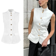 LIZAKOSHT  -  Women Sleeveless Blazer Vest White Office Waistcoat Slim Fit Workwear Summer Business Casual Top Elegant Stand Collar