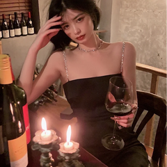 LIZAKOSHT - Elegant Party Spaghetti Strap Midi Dresses for Women Summer Sexy Prom Evening Fashion Female Clothes Blue Folds Satin Dress