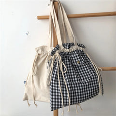 LIZAKOSHT - Korean Ins Simple Girls Canvas Bag Japanese Chic Y2k Aesthetic Casual Tote Bags Drawstring Pleated Shoulder Handbags for Women