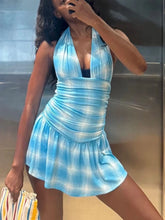 LIZAKOSHT  -  Blue White Patchwork Mini Dress Women Halter Low-Neck Backless Sleeveless Y2K Sweet Style Trend Ruched Elegant Outfits