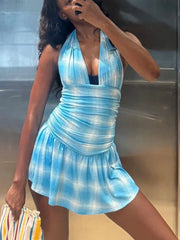 LIZAKOSHT  -  Blue White Patchwork Mini Dress Women Halter Low-Neck Backless Sleeveless Y2K Sweet Style Trend Ruched Elegant Outfits