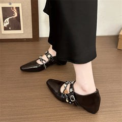 LIZAKOSHT - Design Lovely Buckle Straps Mary Janes Shoes Women Chic Black 4cm Mid Heels Shoes Chain Office Lady Dress Pumps