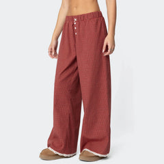 LIZAKOSHT - Women Red Gingham Wide Leg Pants Lace Trim Vintage Elastic Waist Straight Leg Plaid Pants Y2K Vintage Streetwear