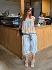 LIZAKOSHT - Lace Patchwork Blouse Thin Strap Lace Shoulder Panels Gathered Bust Spring Summer Cafe Date Lady Women Boho Casual Cami