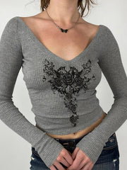 LIZAKOSHT - Gothic Graphic Prints Knit T-shirts Aesthetic Gray V- Neck Long Sleeve Tees Vintage Top Y2k Women's Clothes Autumn 2024