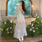 LIZAKOSHT - Bow-tie Strap Waist-cinching Slim Fit Mesh Cami Dress