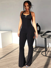 LIZAKOSHT - Spring Black Halter Jumpsuit Club Party Clothes Women 2024 Backless Hollow Out Rompers Bandage Flared Jumpsuits Female