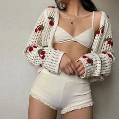 LIZAKOSHT - Kawaii Cute Cherry Cardigan Sweet Slim Prairie Chic Long Sleeve V-Neck Sweater Women Knitted Crop Tops y2k Japanese Streetwear