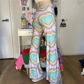 LIZAKOSHT - y2k Pants Women Heart/Butterfly Print Wide Leg Trousers Summer Flared Trouser Low Waist Harajuku Kawaii Streetwear