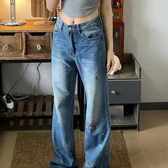 LIZAKOSHT  -  Jeans Puppy Embroidery High Waist Small Retro Design Women'S Summer Straight Slim Loose Wide Leg Pants Trendy