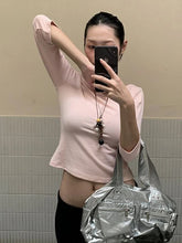 LIZAKOSHT - Solid Basic Three Quarter Sleeve T-shirts Woman Autumn Slash Neck Cotton Slim Crop Top Female Casual Simple All-match Tee Shirts