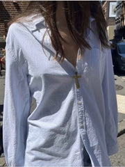 LIZAKOSHT - Casual Women Blue Single-breasted Striped Shirts Summer Fashion Ladies Polo Neck With Pocket Shirts Female Loose Shirts