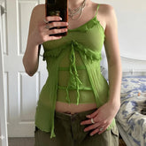 LIZAKOSHT - Ruffle Split Cami Holiday Boho Aesthetic Spaghetti Straps Crop Top Sexy Sheer Mesh Patchwork Corset Vintage Streetwear