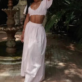 LIZAKOSHT - Summer French Elegant Short Sleeve Slim Waist 2 Pieces Long High Waist Skirt Suit Korean Fashion Casual 2 Piece Set