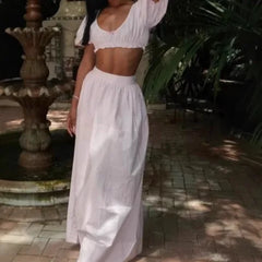 LIZAKOSHT  -  Summer French Elegant Short Sleeve Slim Waist 2 Pieces Long High Waist Skirt Suit Korean Fashion Casual 2 Piece Set
