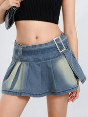 LIZAKOSHT - Retro Low waist Denim Mini Skirts Women's Short A-Line Pleated Skirt with Belt Streetwear Aesthetic Clothes Jeans Skirt
