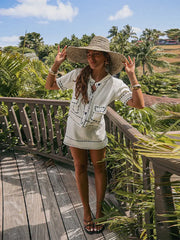 LIZAKOSHT - Fashion Knitted Top For Women O-neck Short Sleeve Single Breasted Pocket Mini Blouses 2025 Summer Female Casual Loose Outerwear