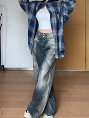 LIZAKOSHT  -  Women's Street Casual 2000s Pants Baggy Y2K Wide Leg Washed Grunge Denim Trouser American Vintage High Waist Straight Emo Jeans