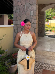 LIZAKOSHT - Fashion Crochet Women's Two Piece Set Halter Lace Up Hollow Out Vest Pattern Long Skirt 2025 Summer Knit Beach Ladies Outfits