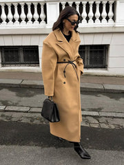 LIZAKOSHT - Retro Woman Solid Flip Collar Double Breasted Loose Overcoat Fashion Full Sleeves Casual Long Coat Female New Commuter Jacket