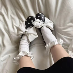 LIZAKOSHT - French Butterfly Knot Mary Jane Shoes Women's New Spring Retro Polka Dot Slip-On Flat Heel Fashionable round Toe Satin Surface