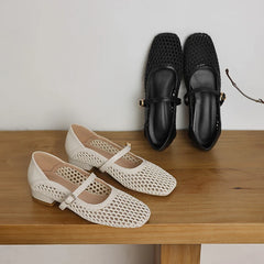LIZAKOSHT - Black Beige Mesh Pumps Women's Summer Mary Janes Shoes 2.5cm Low Heels Comfy Square Toe Casual Footwear for Fat Feet