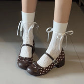 LIZAKOSHT - Cute Polka Dot Thick Heel Women Mary Jane Shoes Designer Buckle Strap Pumps Ladies Eelgant Butterfly-knot Dress Single Shoes