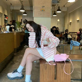 LIZAKOSHT - Korean Style Striped Sweater Jacket Hooded Cardigan Zipper Pocket Zipper New Loose And Versatile Long-Sleeved Sweet