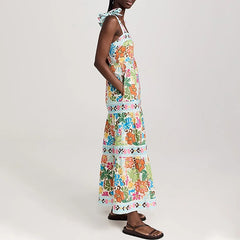 LIZAKOSHT - Fashion Floral Print Tie Up Pleated Holiday Dresses Summer Spaghetti Strap Long Dress Boho Sleeveless Low Cut Beach Sexy Dress