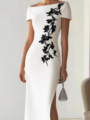 LIZAKOSHT - Summer Floral Print Split Long Dresses 2025 Woman Sexy Slash Neck Hollow Party Dress Summer Short Sleeve Slim Boho Dress Vestido