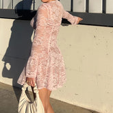 LIZAKOSHT  -  Lace Print Flare Long Sleeve Shawl Elegant Mini Dresses Sexy Pleated Bodycon Dress Evening Party Fall Y2K 2 Piece Sets