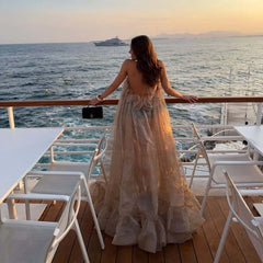 LIZAKOSHT  -  Elegant Temperament Backless Sleeveless Maxi Dress Women's Flowy Ruffle Evening Formal Prom Summer New Chic See-through Outfit