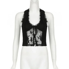 LIZAKOSHT - New Dark Vintage Techwear Hotsweet Lace See Through Thin Tanks Top Sexy Button Cardigan Crop Tops Women's Gothic Sheer Vest