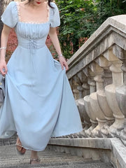 LIZAKOSHT - Midi Dress Women Elegant Summer New Fashion Evening Party Lady Vestidos Vintage Lace Up Dresses Female Korean Slim Clothes