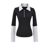 LIZAKOSHT - Women Polo Collar Patchwork Button Up Stripes Print Long-Sleeve Shirt Blouse