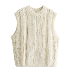 LIZAKOSHT - New Women Autumn Beige O Neck Sleeveless Sweater Loose Vest